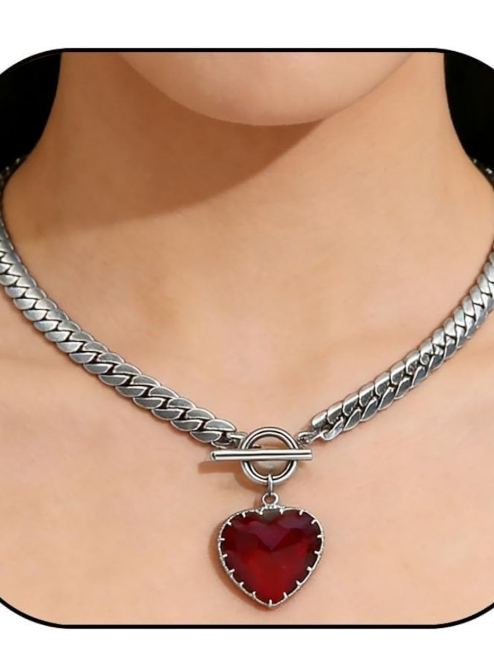 Silver Chain Choker with Red Or Black Heart Pendant